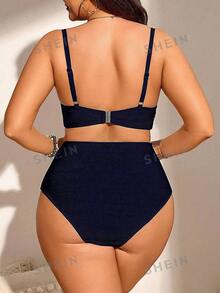 SHEIN Swim Curve 大尺碼女款兩件式純色聚攏胸部時尚極簡分體泳衣度假套裝 - 藏蓝色 - 查看 2