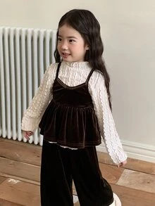 DAZY Baby Girl Solid Color Ruffle Hem Camisole Top And Long Pants Set - Coffee Brown - View 7