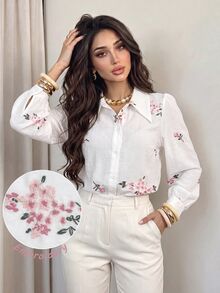 Modelyn Spring/Autumn Pink Embroidered Button-Front Shirt With Collar - Multicolor - View 1