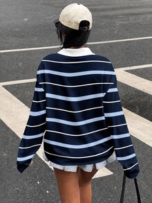 Muchica 大尺碼女款條紋騎士圖案休閒日常長袖T恤 - 彩色 - 查看 3