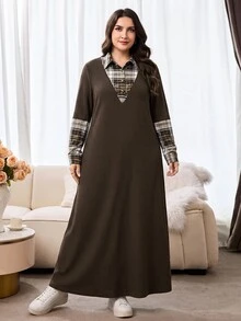 Al Najma Plus Size Women's Patchwork Plaid Collar Long Sleeve Arabian Dress - Multicolor - View 6