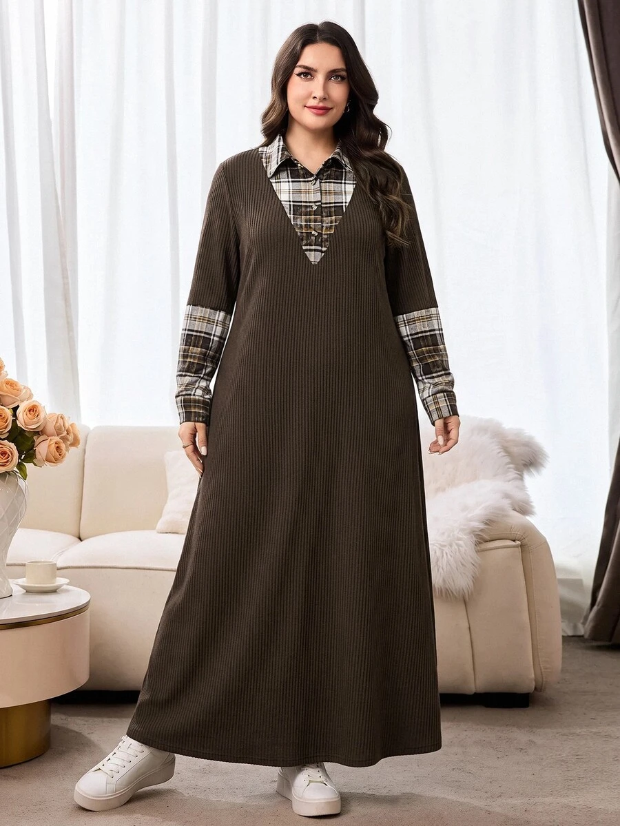 Al Najma Plus Size Women's Patchwork Plaid Collar Long Sleeve Arabian Dress - Multicolor - View 1