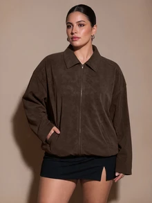 SHEIN BAE CURVE 大尺碼復古寬鬆落肩夾克女款，秋冬保暖仿麂皮/PU外套，萬聖節穿搭 - 咖啡棕 - 查看 1