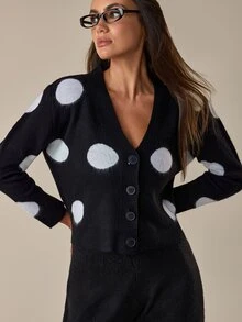 SHEIN طقم ملابس منزلية من الكارديجان المحبوك بنقشة نقاط البولكا المفرشاة - الأسود - مشاهدة 5
