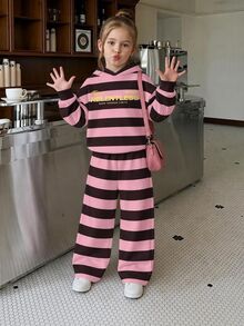 Teen Girl Letter Graphic Striped Hoodie And Pants Set - Multicolor - View 1
