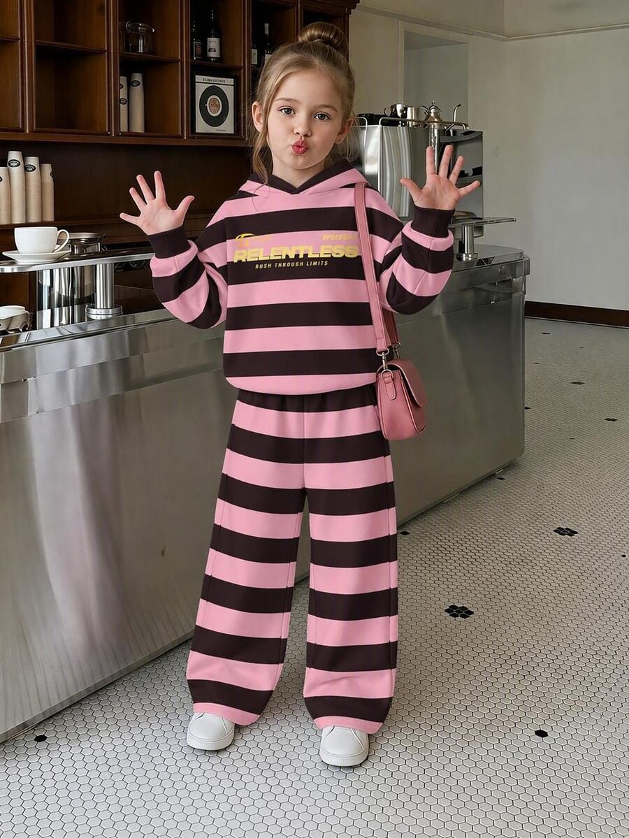 Teen Girl Letter Graphic Striped Hoodie And Pants Set - Multicolor - View 1