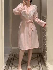 DAZY Women's Lace Patchwork Lapel Cardigan Long Sleeve Robe - Pink - View 1
