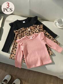 3pcs Young Girl 4-8Y Streetwear Ruffle Leopard Rib-Knit Long Sleeve Cozy Fleece Hoodies Tops Tees School Outdoor Play Fall Winter - Multicolor - View 4