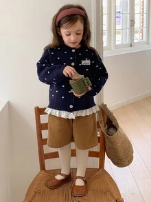 Hapijoa 女童秋季拼接撞色荷葉邊修身長袖圓領抽繩綁帶休閒開襟衫 - 藏蓝色 - 查看 6