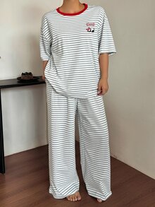 Dazy Plus Bộ đồ ngủ 2 món quần dài dáng rộng họa tiết in phối màu sọc cho xuân hè thu - trắng - Xem 1