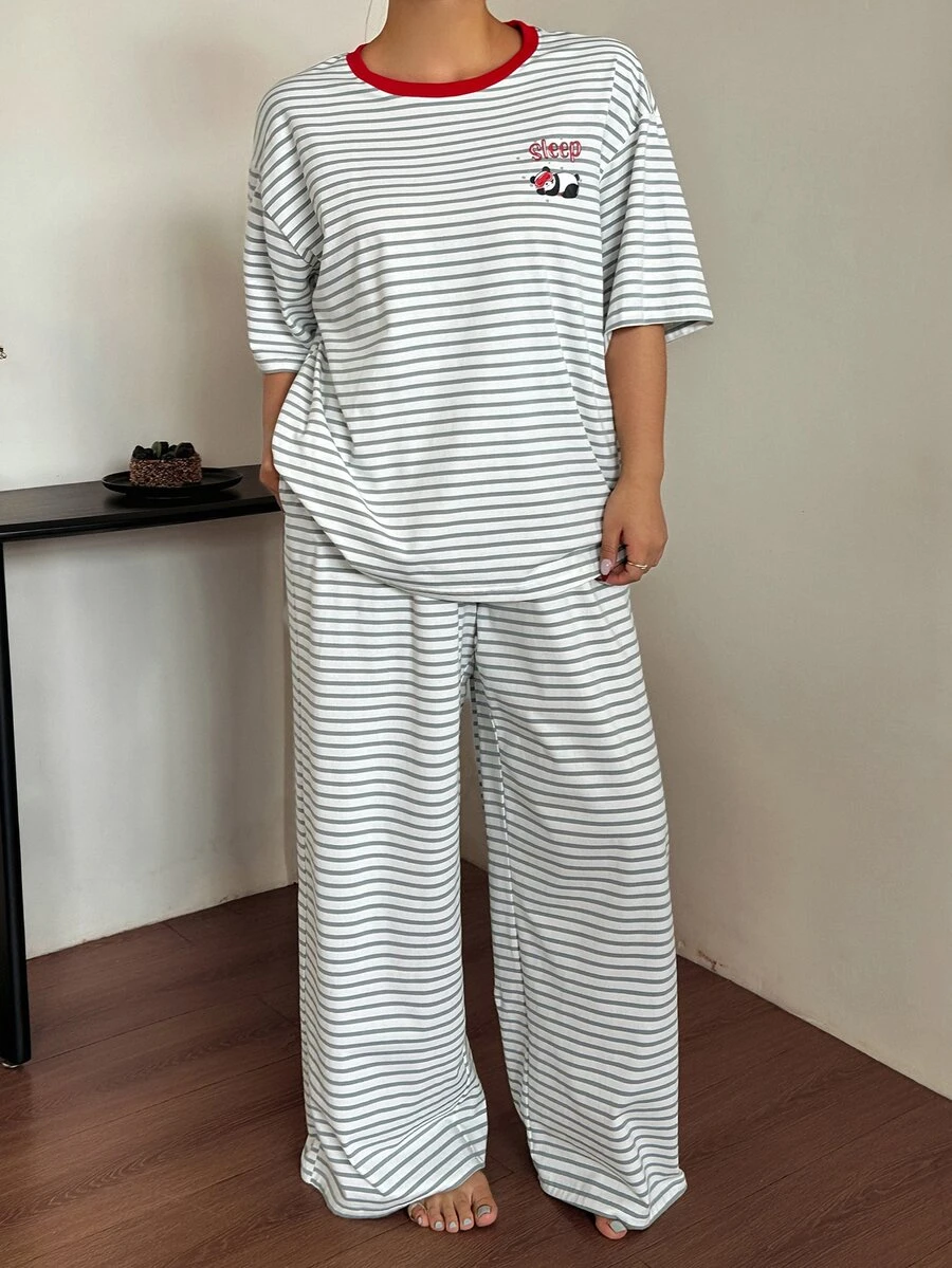 Dazy Plus Bộ đồ ngủ 2 món quần dài dáng rộng họa tiết in phối màu sọc cho xuân hè thu - trắng - Xem 1