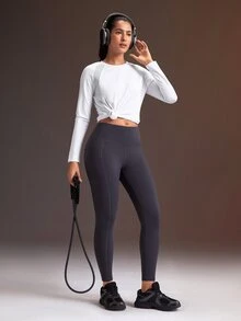 Powerista Women's Solid Color Round Neck Raglan Long Sleeve Sports T-Shirt - White - View 3
