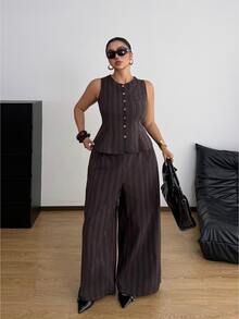 POPSWAY Brown Pinstripe Sleeveless Top & Drapey Wide Leg Pants Set, Minimalist Slim Fit Commuter Women's 2 Pieces Outfit - Brown - View 5