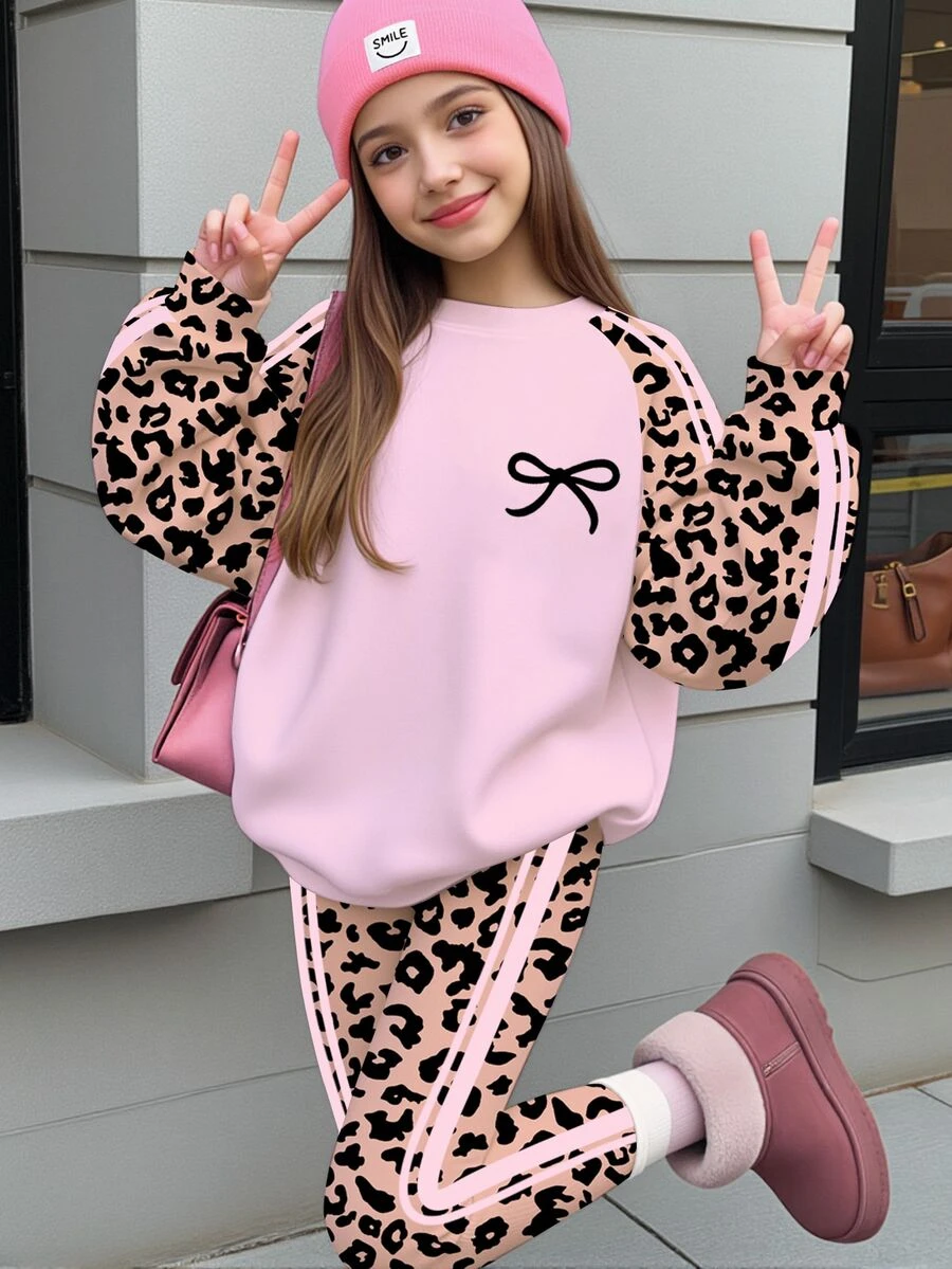 青少年女孩休閒極簡風粉色豹紋蝴蝶結圖案,甜美奶油風,休閒落肩衛衣與修身內著2件套,附抓絨內裡,適合秋冬,舒適秋季與冬季風格,秋季新款,返校季,Y2K - 彩色 - 查看 1