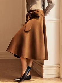 SHEIN 秋冬休閒棕色綁帶女款裙子，適合日常穿著、度假穿著、街頭風、通勤穿著 - 棕色 - 查看 4