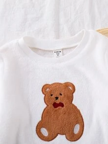 SHEIN 小男孩冬季卡通刺繡熊聖誕絨毛圖案圓領標準肩長袖上衣與長褲 2件組 柔軟舒適雙面法蘭絨睡衣套裝 - 彩色 - 查看 3