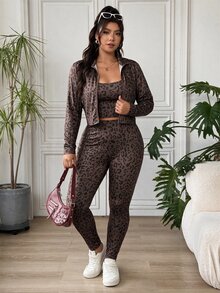 SHEIN EZwear 豹紋休閒大尺碼女款拉鍊方領背心與緊身褲套裝 - 咖啡棕 - 查看 7