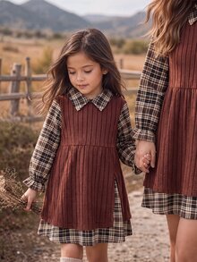 SHEIN 女童格紋領長袖洋裝，秋冬外出穿著，可愛優雅休閒日常款 - 咖啡 - 查看 2