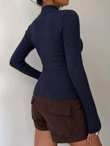Aloruh 女款休閒羅紋高領拉鍊長袖針織開襟衫，黃色，適合日常穿著與運動，秋冬款 - 藏蓝色 - 查看 2
