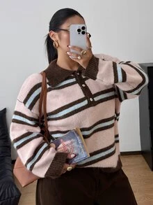 POPSWAY Plus Size Autumn/Winter Button Half-Placket Striped Sweater - Multicolor - View 1