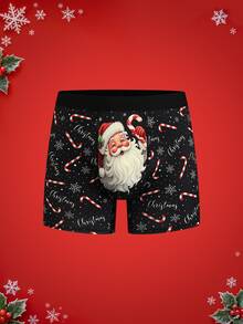 Notgurli Christmas Funny Print Cartoon Santa Claus Gift Box Candy Cane Bell Snowflake Snowman Family Party Men's Mid-Length Flat Front Boxer Briefs - Black - View 1