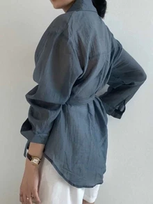 DAZY Kemeja Lengan Panjang Kancing Depan Kasual Semi-Transparan Wanita - Dusty Blue - View 3