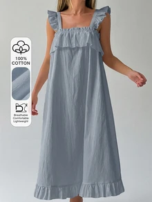 Livesso Minimalist Solid Color Ruffle Trim Sleeveless Loose Long Dress Women's Nightgown - Navy Blue - View 4