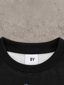 Tween Boy Sweatshirt Set, Basic Pure White Loose Crew Neck Fit, White Ribbed Cuffs And Hem; Large Blue Graffiti Letter Print Across Chest - Black - View 6