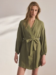 Ocili Leisure Pure Cotton Double-Layer Crepe Minimalist Comfortable Neutral Soft Long Sleeve Robe Sleepwear Women's Loungewear - Dark Green - View 7