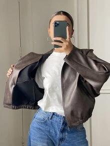 DAZY Women's Elegant PU Material Jacket With Pockets And Zipper - Brown - View 6