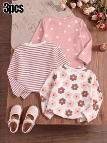 SHEIN Vintaside Kids 女童長袖T恤 花卉與條紋印花 粉色白色休閒秋季上衣 3件組 - 彩色 - 查看 2