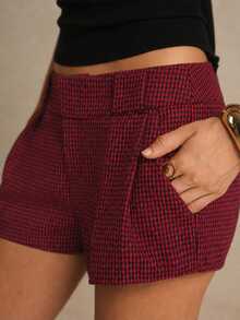 Poéselle Women's Houndstooth Wool-Blend Shorts, High-Waisted Pleated Tailored Mini Shorts With Pockets For Chic Outfits Tailored Shorts Fall & Winter - Red - View 5
