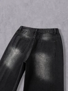 Manfinity Denimwave 男士復古水洗黑寬腿鬆垮牛仔褲，寬鬆休閒街頭風長版牛仔長褲 - 黑色 - 查看 4