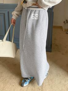Dazy Plus Contrast Color Letter Korean Style Casual Long Knit Skirt - Grey - View 6