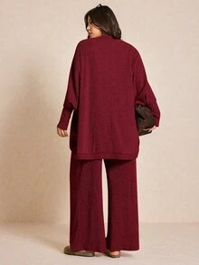 Elaquor 大尺碼女款純色細肩帶上衣、長褲與開襟衫休閒套裝 秋季 - 紅色 - 查看 2