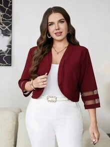 Reflora Plus Size Vintage Mesh Patchwork Jacket For Office And Commute - Burgundy - View 7