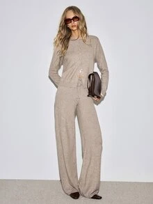 ATUI Studio Slouchy Mixed Yarn Knit Set Women Round Neck Button Cardigan Jacket High Waist Draped Wide Leg Pants 2pcs Set Autumn/Winter Home/Outdoor - Khaki - View 6