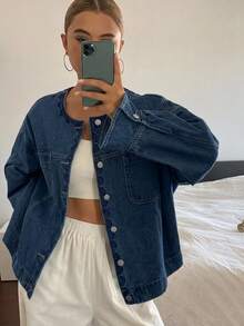 DAZY 女款刺繡設計寬鬆牛仔夾克外套 - 深色水洗藍 - 查看 5