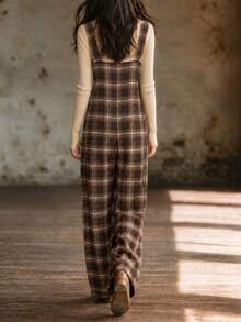 SHEIN Plaid Loose Retro Casual Versatile Autumn/Winter Long Overalls Jumpsuit For Women - Coffee Brown - View 2