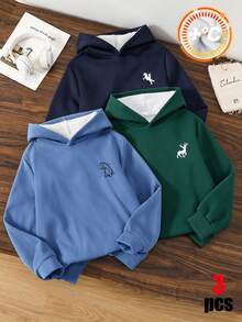 SHEIN 3件組買2送1兒童青少年男孩休閒多功能厚款連帽衛衣，藍色連帽運動上衣、海軍藍連帽運動上衣、聖誕綠連帽運動上衣，運動上衣，秋冬款，學校、運動、秋季穿搭、冬季穿搭 - 彩色 - 查看 4