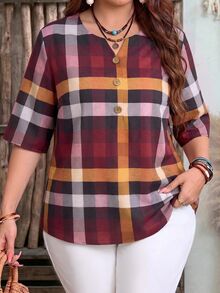 EMERY ROSE بلوزة مقاس كبير بنقشة مربعات وأزرار وياقة V مفتوحة وأكمام نصفية أنيقة للمكتب خريف وشتاء 2026 - متعدد الألوان - مشاهدة 1