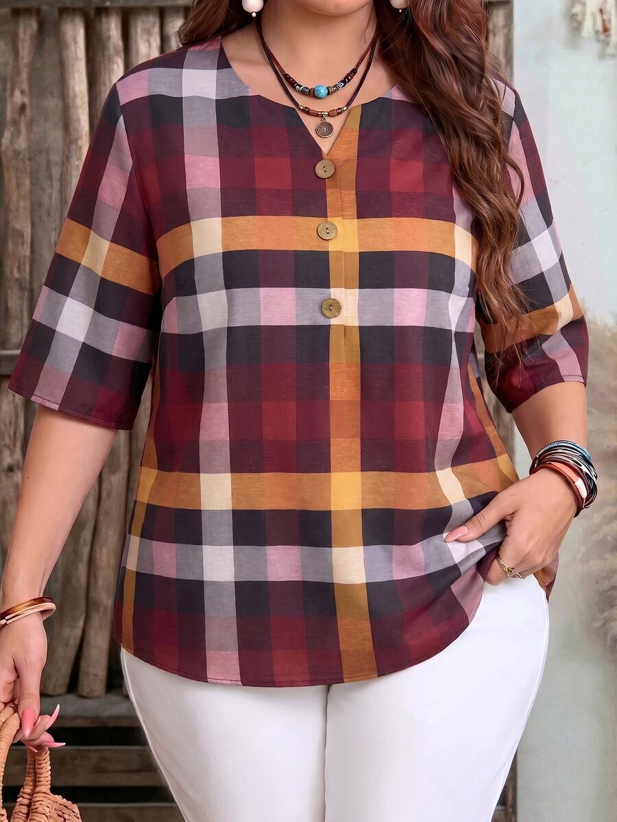 EMERY ROSE بلوزة مقاس كبير بنقشة مربعات وأزرار وياقة V مفتوحة وأكمام نصفية أنيقة للمكتب خريف وشتاء 2026 - متعدد الألوان - مشاهدة 1