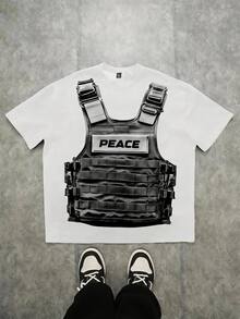 Tween Boy Casual Minimalist Pure White Loose Fit Crew Neck Short Sleeve T-Shirt, Suitable For Street Sports, 3-Point Tactical Vest Pullover - Multicolor - View 1