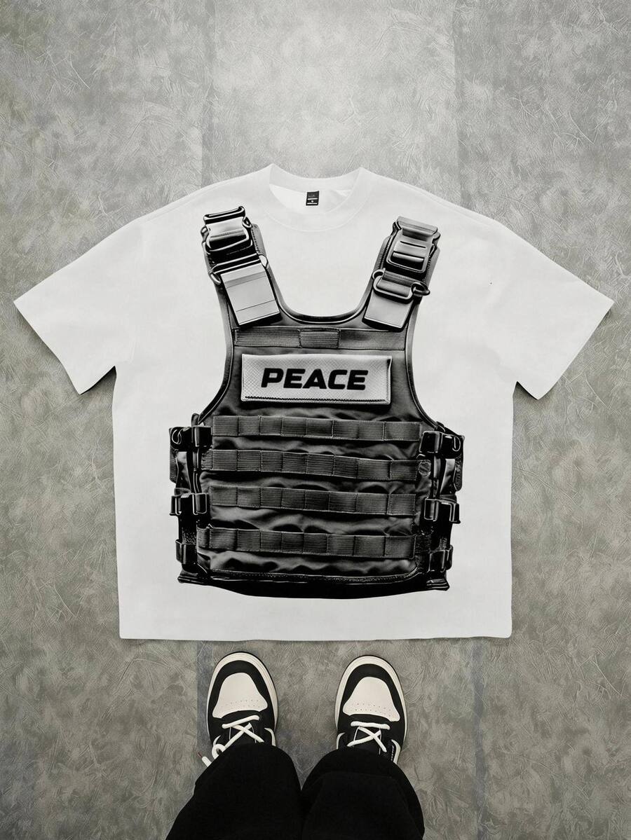 Tween Boy Casual Minimalist Pure White Loose Fit Crew Neck Short Sleeve T-Shirt, Suitable For Street Sports, 3-Point Tactical Vest Pullover - Multicolor - View 1