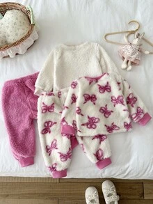 SHEIN 4Pcs Toddler Girl Sweatshirt + Pants Set Cute Pink White Bowknot Print Bow Fuzzy Fleece Long Sleeve Round Neck Thick Holiday Winter Princess Plush - Purple - View 2