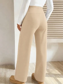 SHEIN 孕婦純色可調腰圍直筒寬鬆休閒長褲 - 卡其色 - 查看 2