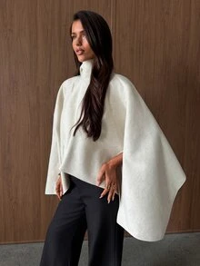 Aloruh Abrigo largo para mujer de estilo minimalista para ir al trabajo, nuevo para otoño/invierno, color albaricoque, con capa de lana, bufanda y abertura asimétrica - Albaricoque - Ver 6