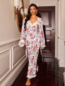 Slumberist Gentle Floral Ruffle Trim Pajama Set, Outer Tie-Front Cardigan, Camisole, Wide Leg Pants, Sexy Loungewear 4-Piece Set - White - View 1