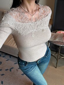 DAZY Women's Lace Patchwork Casual Daily Long Sleeve Sweater - Khaki - View 5