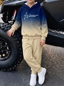 青少年男孩休閒極簡長袖連帽舒適衛衣2件套，適合秋冬，經典酷藍色與卡其色漸層圖案印花，經典帥氣手寫文字印花 - 彩色 - 查看 5